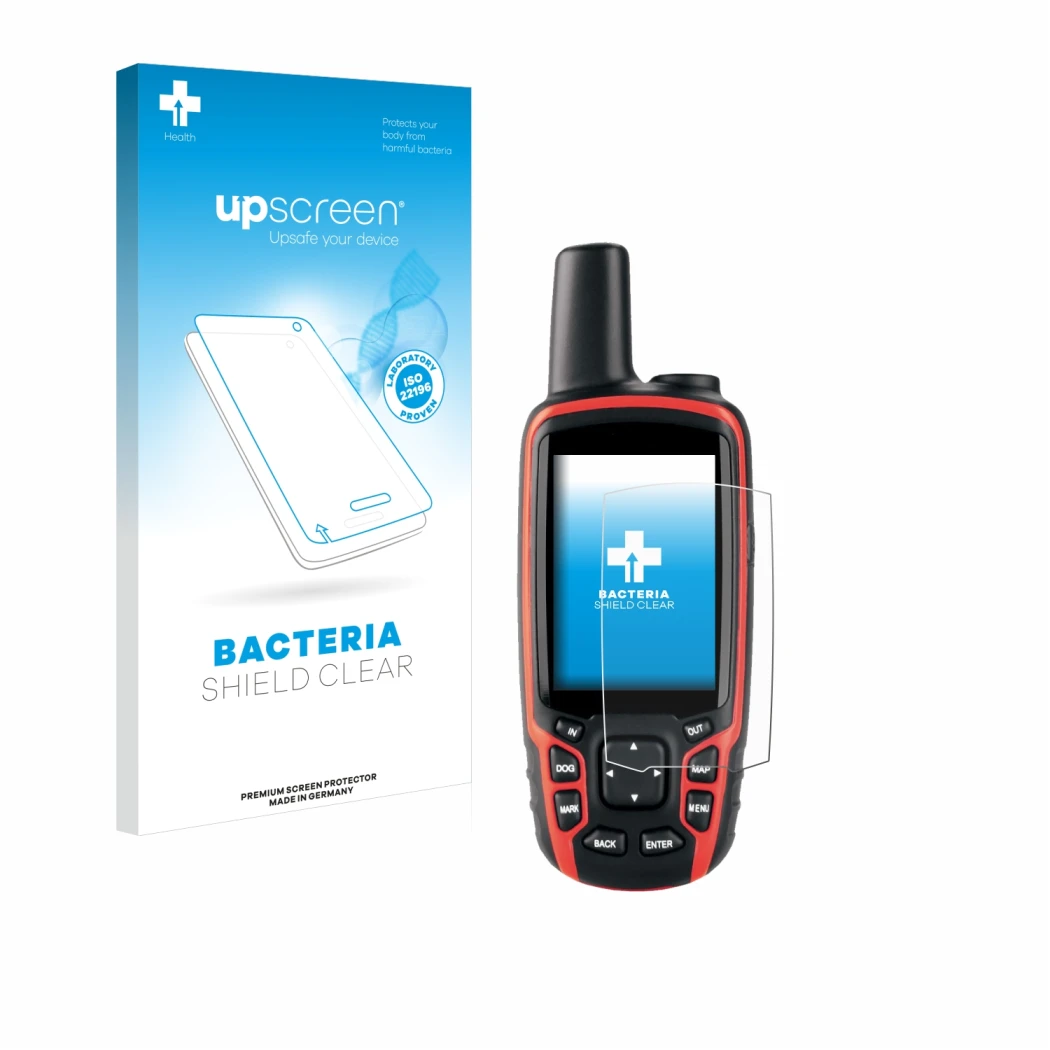 Parte frontale di una confezione del prodotto con il logo del marchio upscreen. Accanto è raffigurato il dispositivo Garmin As