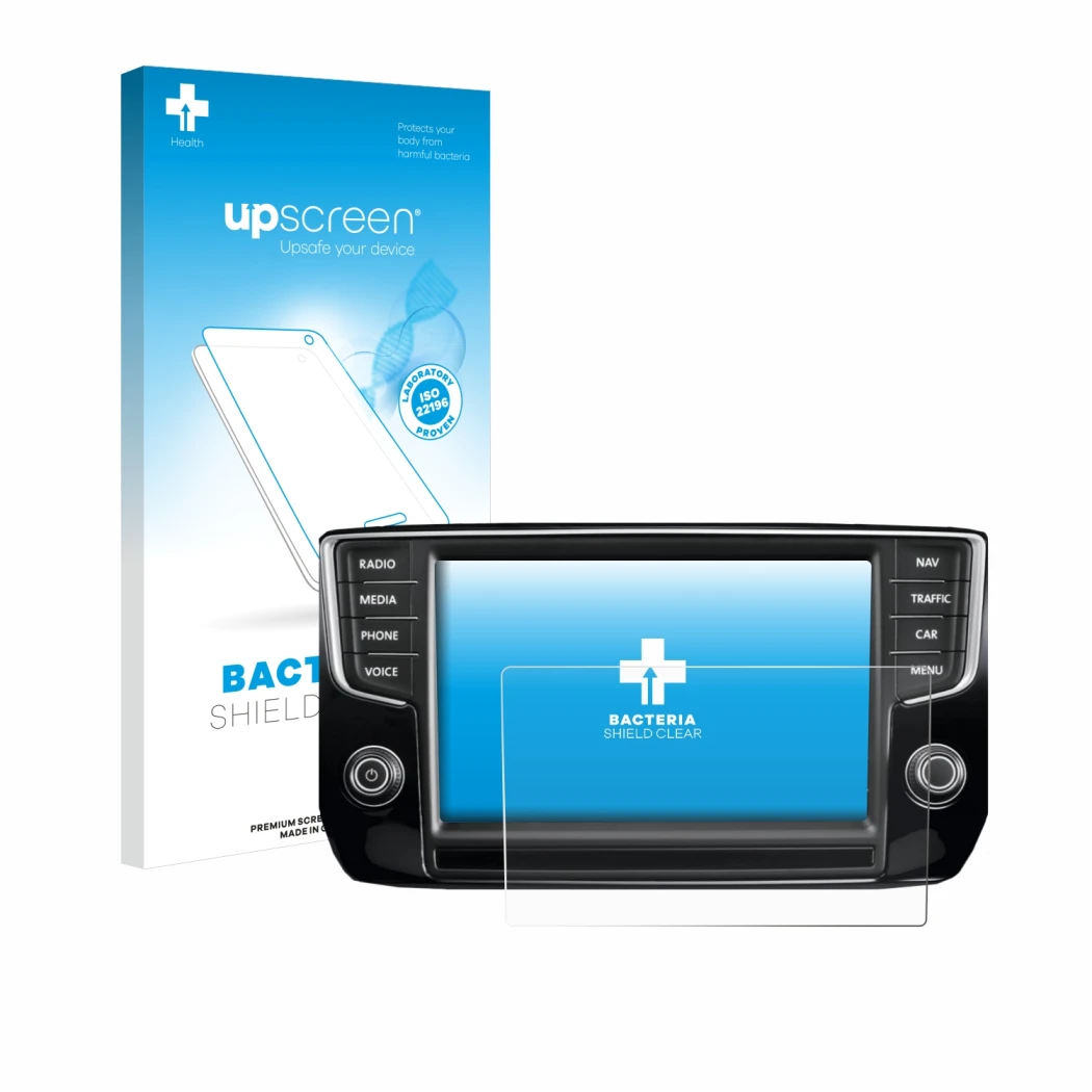 Parte frontale di una confezione del prodotto con il logo del marchio upscreen. Accanto è raffigurato il dispositivo Volkswage