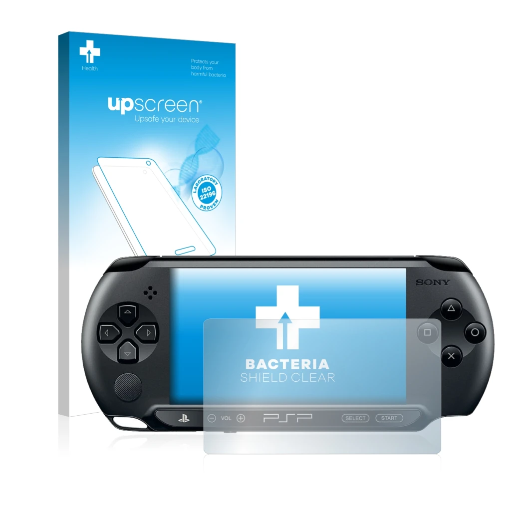 Parte frontale di una confezione del prodotto con il logo del marchio upscreen. Accanto è raffigurato il dispositivo Sony PSP