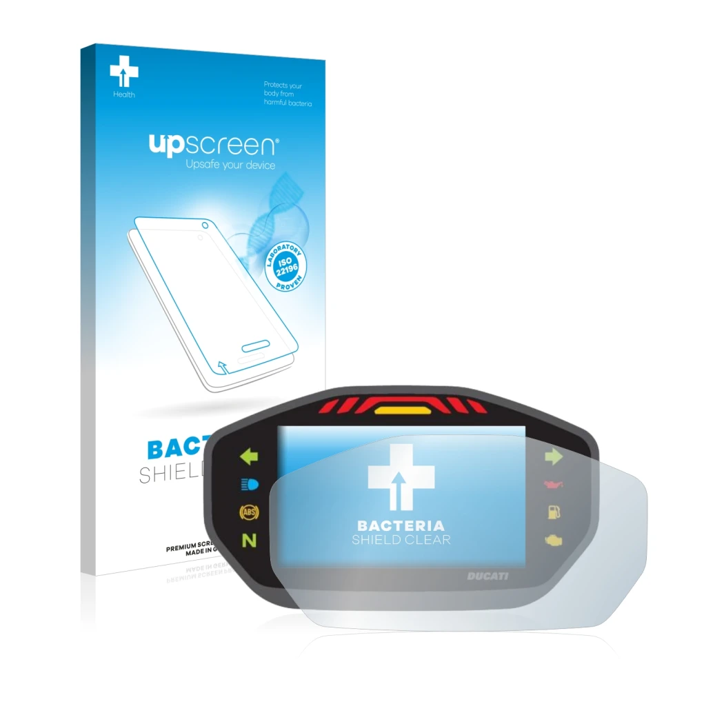 Parte frontale di una confezione del prodotto con il logo del marchio upscreen. Accanto è raffigurato il dispositivo Ducati Mo