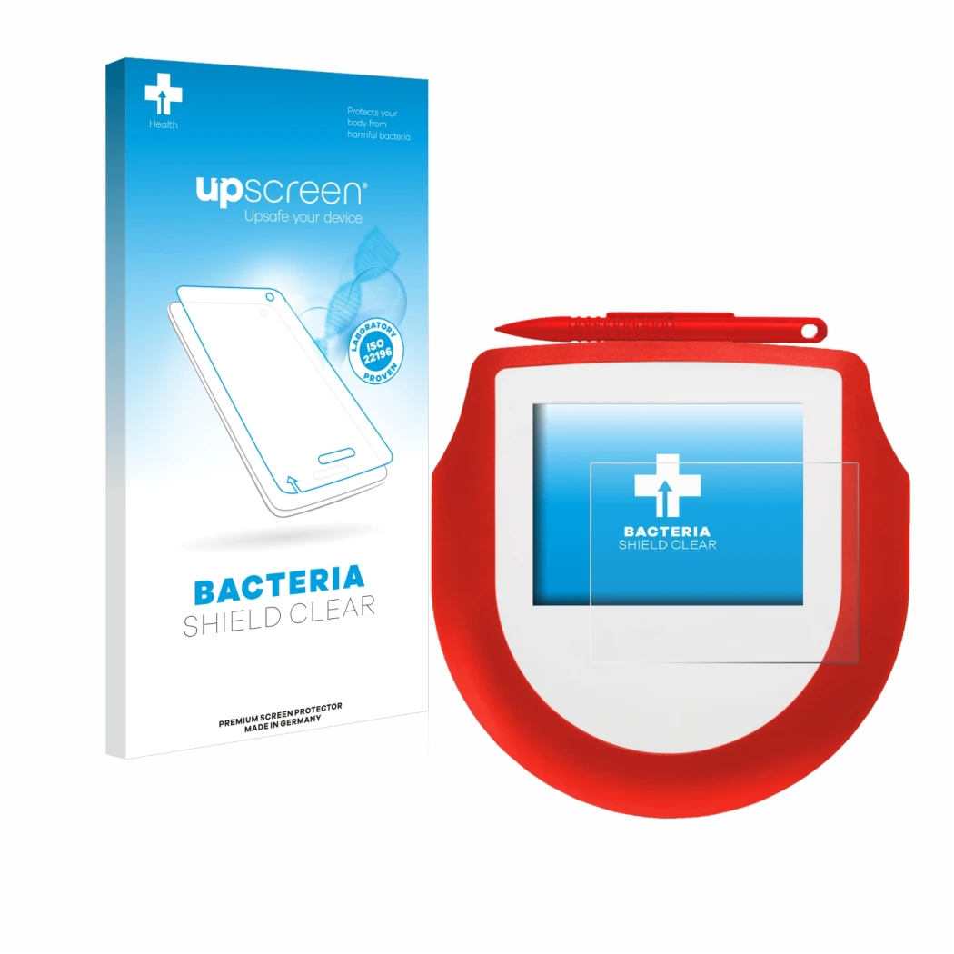 Parte frontale di una confezione del prodotto con il logo del marchio upscreen. Accanto è raffigurato il dispositivo Signotec 