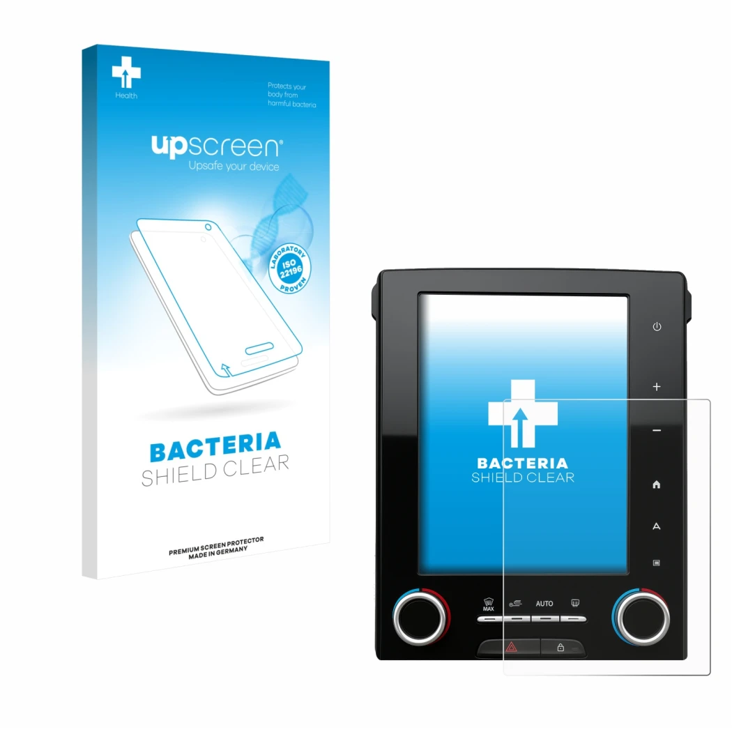 Parte frontale di una confezione del prodotto con il logo del marchio upscreen. Accanto è raffigurato il dispositivo Renault M