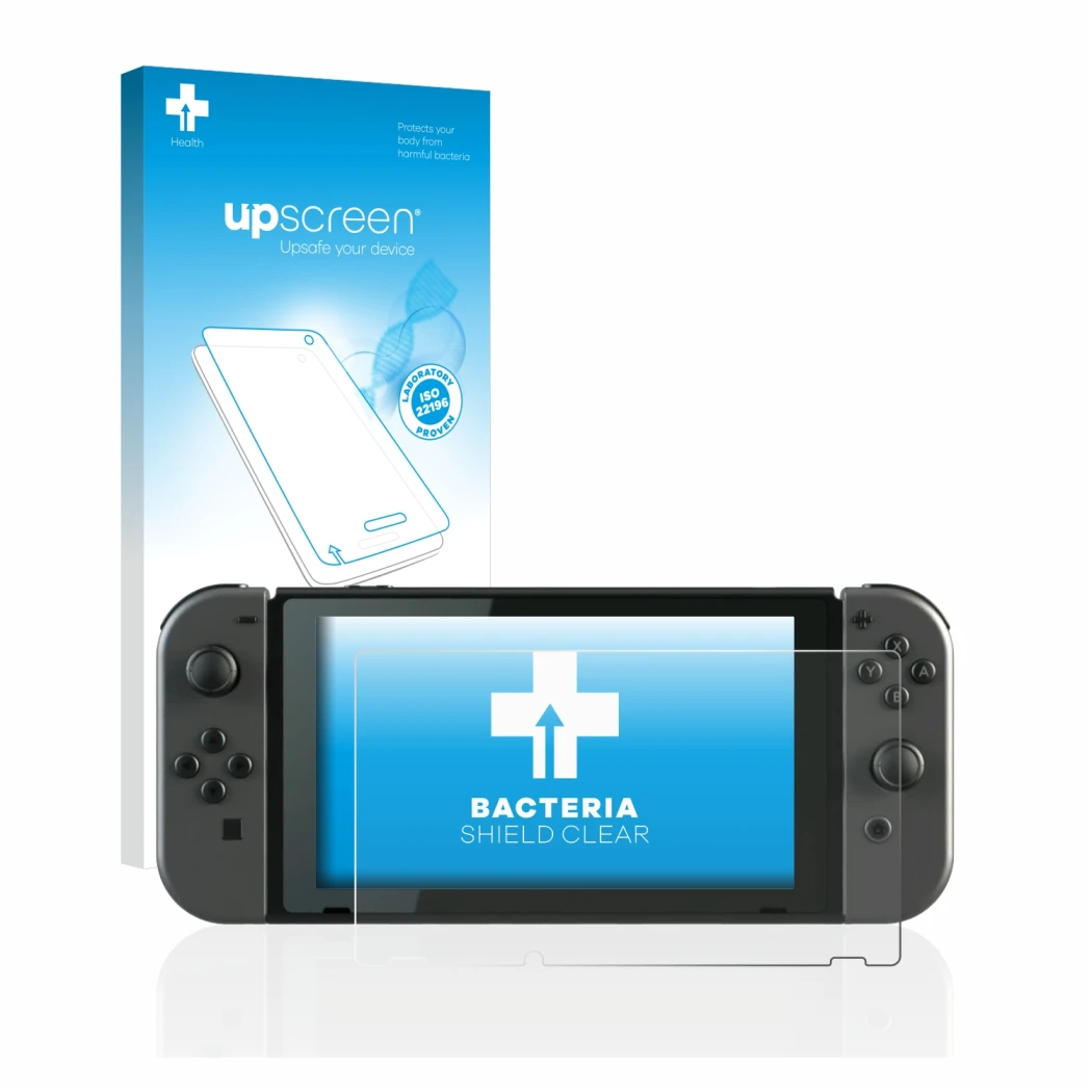 Parte frontale di una confezione del prodotto con il logo del marchio upscreen. Accanto è raffigurato il dispositivo Nintendo