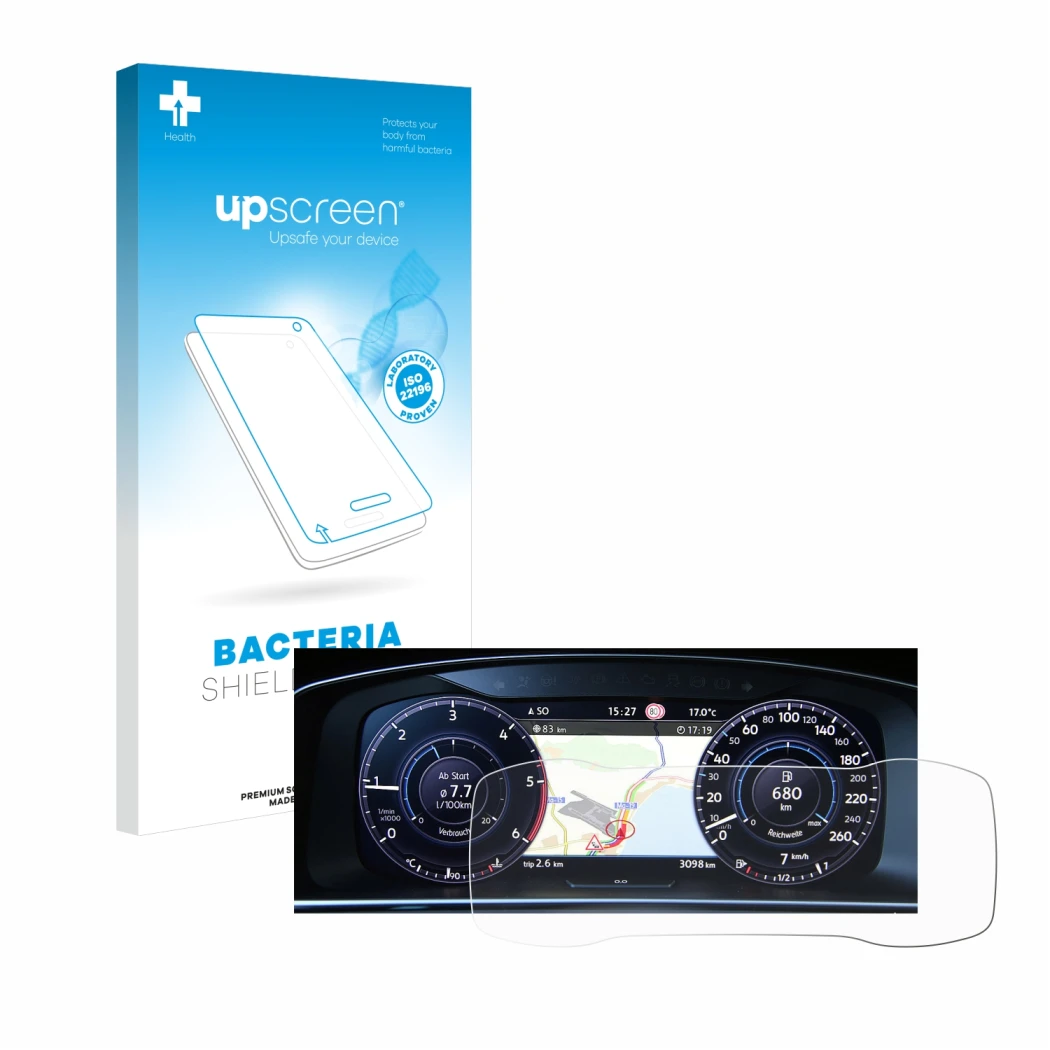 Parte frontale di una confezione del prodotto con il logo del marchio upscreen. Accanto è raffigurato il dispositivo Volkswage