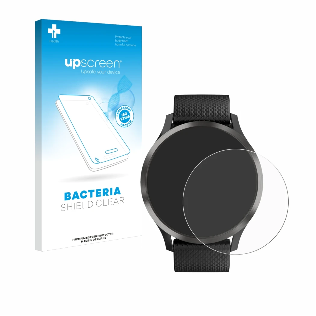 Parte frontale di una confezione del prodotto con il logo del marchio upscreen. Accanto è raffigurato il dispositivo Garmin vi