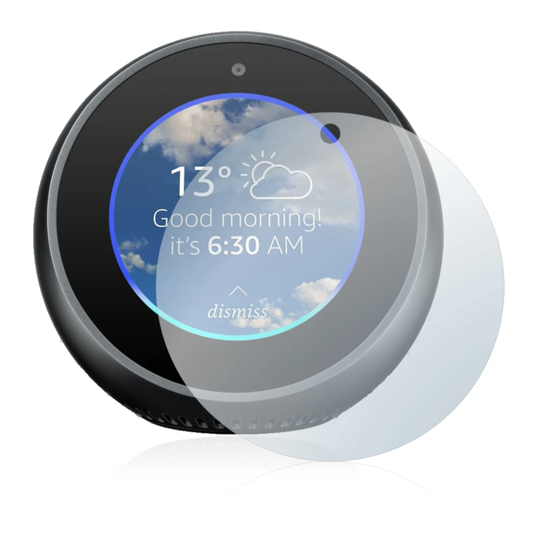 Immagine del dispositivo Amazon Echo Spot con un'ampia varietà di protezioni per lo schermo.