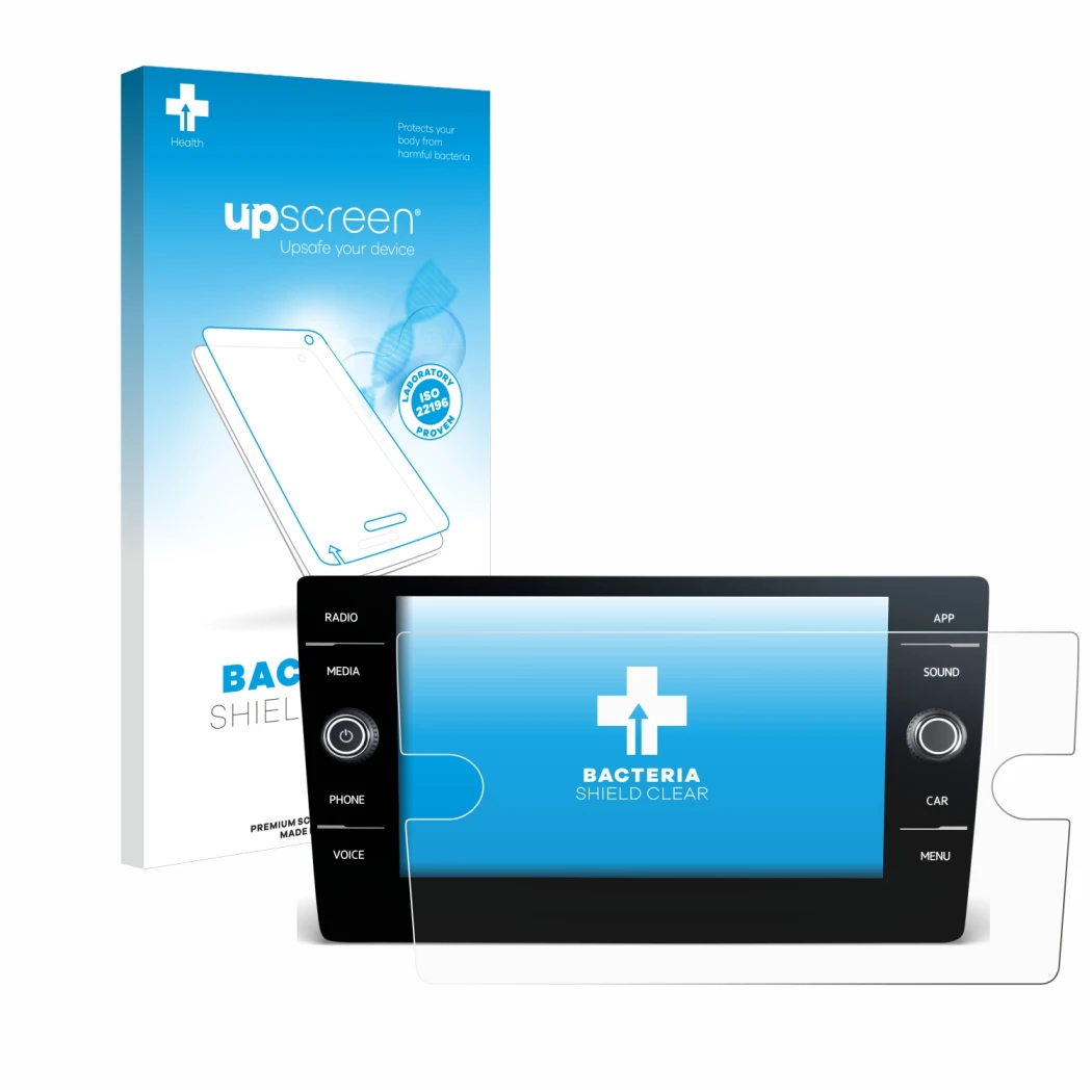 Parte frontale di una confezione del prodotto con il logo del marchio upscreen. Accanto è raffigurato il dispositivo Volkswage