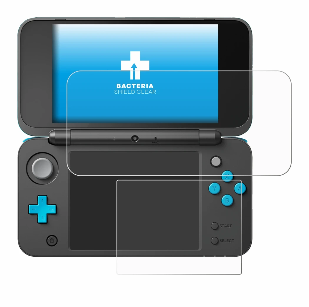 Immagine del dispositivo New Nintendo 2DS XL con un'ampia varietà di protezioni per lo schermo.