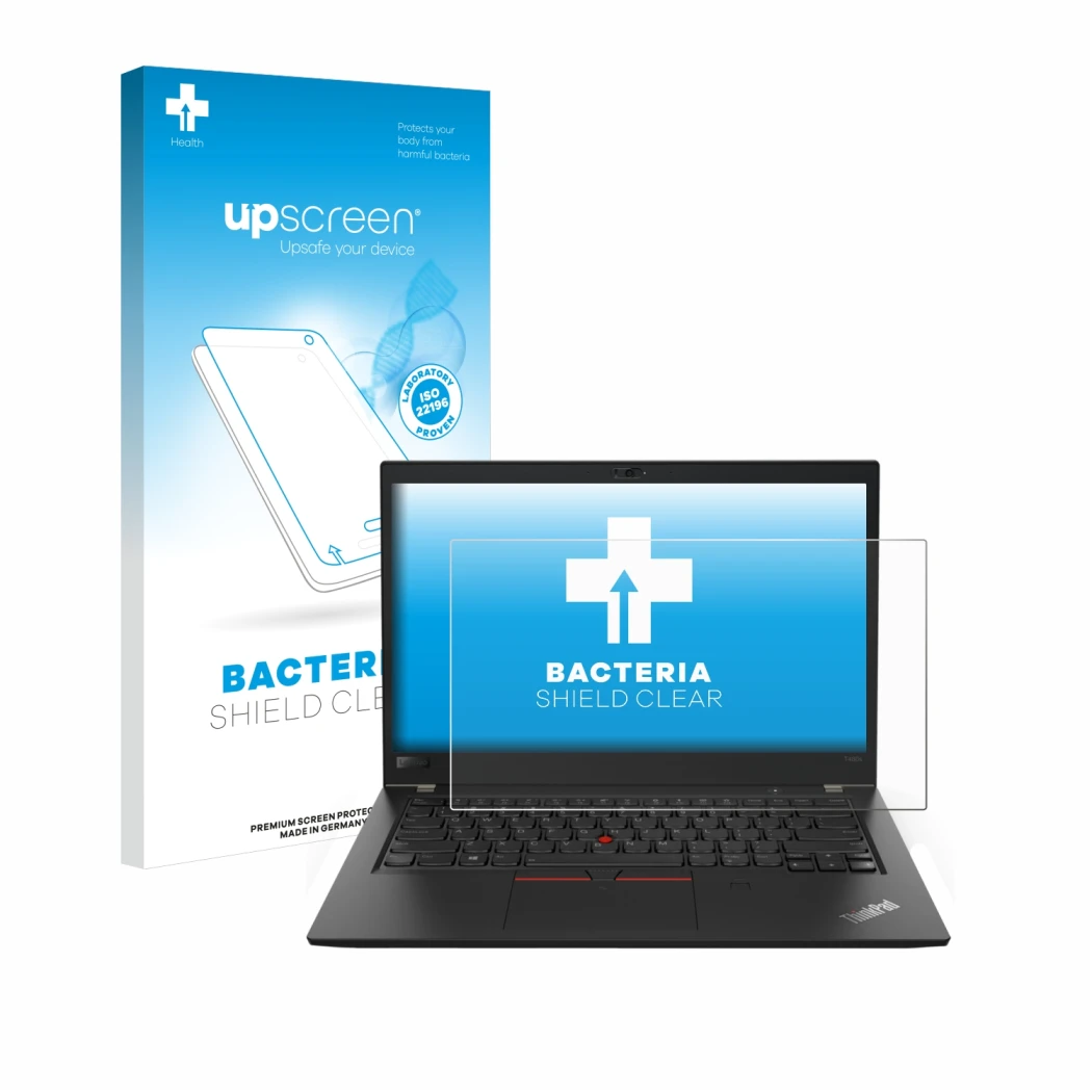 Parte frontale di una confezione del prodotto con il logo del marchio upscreen. Accanto è raffigurato il dispositivo Lenovo Th