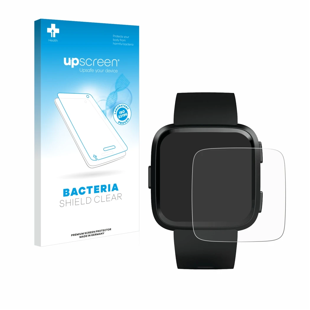 Parte frontale di una confezione del prodotto con il logo del marchio upscreen. Accanto è raffigurato il dispositivo Fitbit Ve