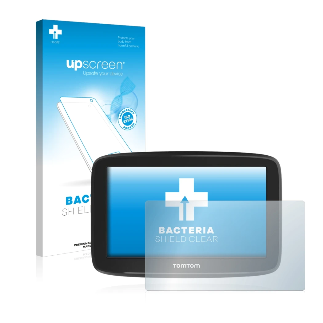 Parte frontale di una confezione del prodotto con il logo del marchio upscreen. Accanto è raffigurato il dispositivo TomTom GO