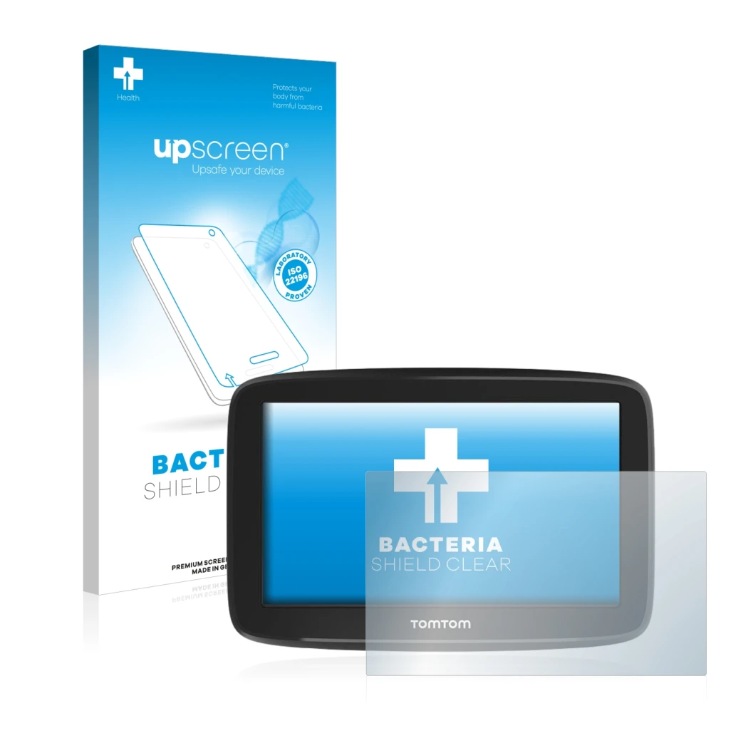 Parte frontale di una confezione del prodotto con il logo del marchio upscreen. Accanto è raffigurato il dispositivo TomTom GO