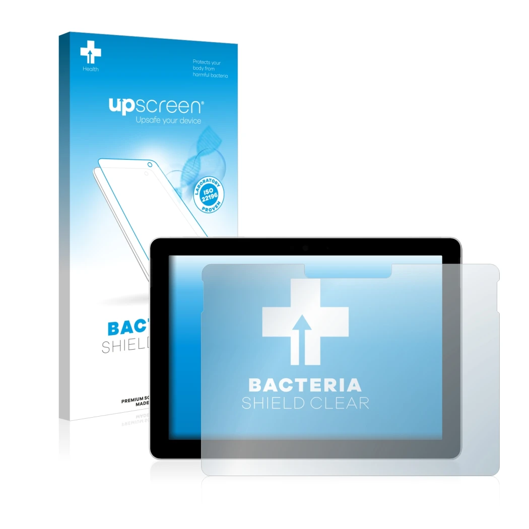 Parte frontale di una confezione del prodotto con il logo del marchio upscreen. Accanto è raffigurato il dispositivo Microsoft