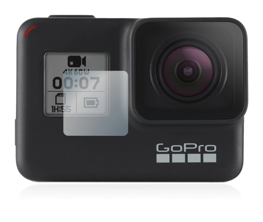 Immagine del dispositivo GoPro Hero 7 Black (Fronte Display) con un'ampia varietà di protezioni per lo schermo.