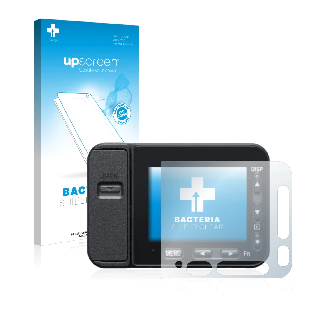 Parte frontale di una confezione del prodotto con il logo del marchio upscreen. Accanto è raffigurato il dispositivo Sony DSC-