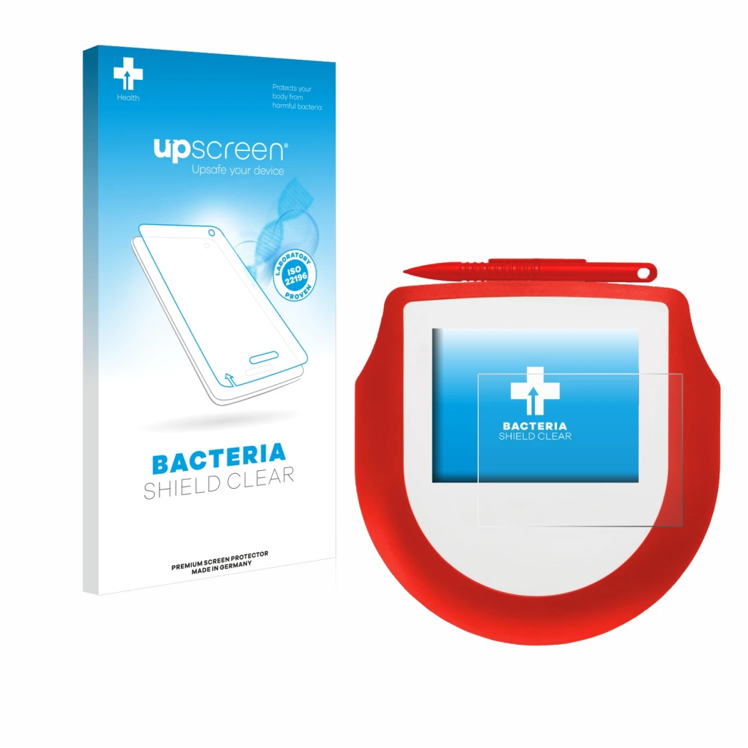 Parte frontale di una confezione del prodotto con il logo del marchio upscreen. Accanto è raffigurato il dispositivo Signotec