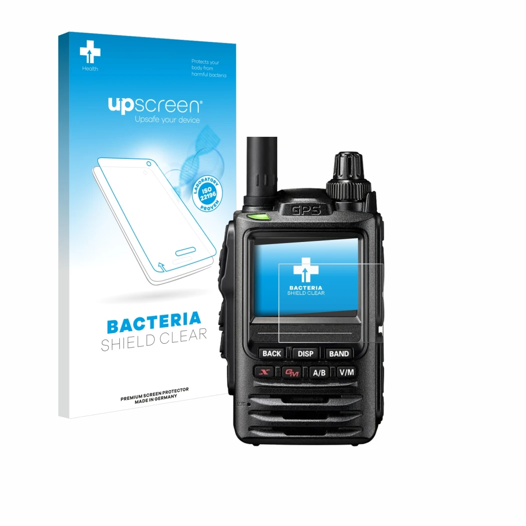 Parte frontale di una confezione del prodotto con il logo del marchio upscreen. Accanto è raffigurato il dispositivo Yaesu FT-