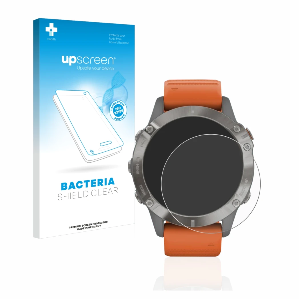 Parte frontale di una confezione del prodotto con il logo del marchio upscreen. Accanto è raffigurato il dispositivo Garmin Fe