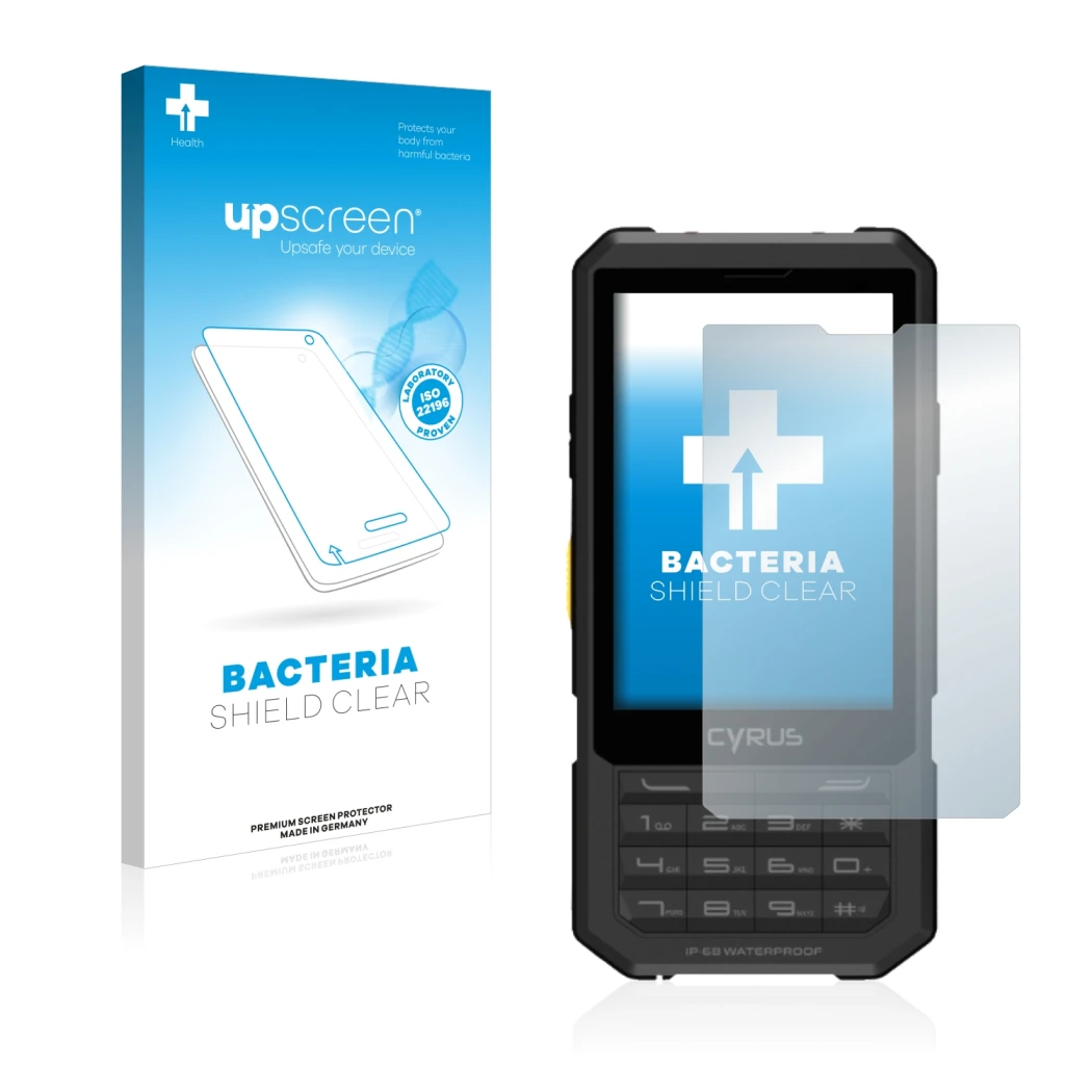 Parte frontale di una confezione del prodotto con il logo del marchio upscreen. Accanto è raffigurato il dispositivo Cyrus CM