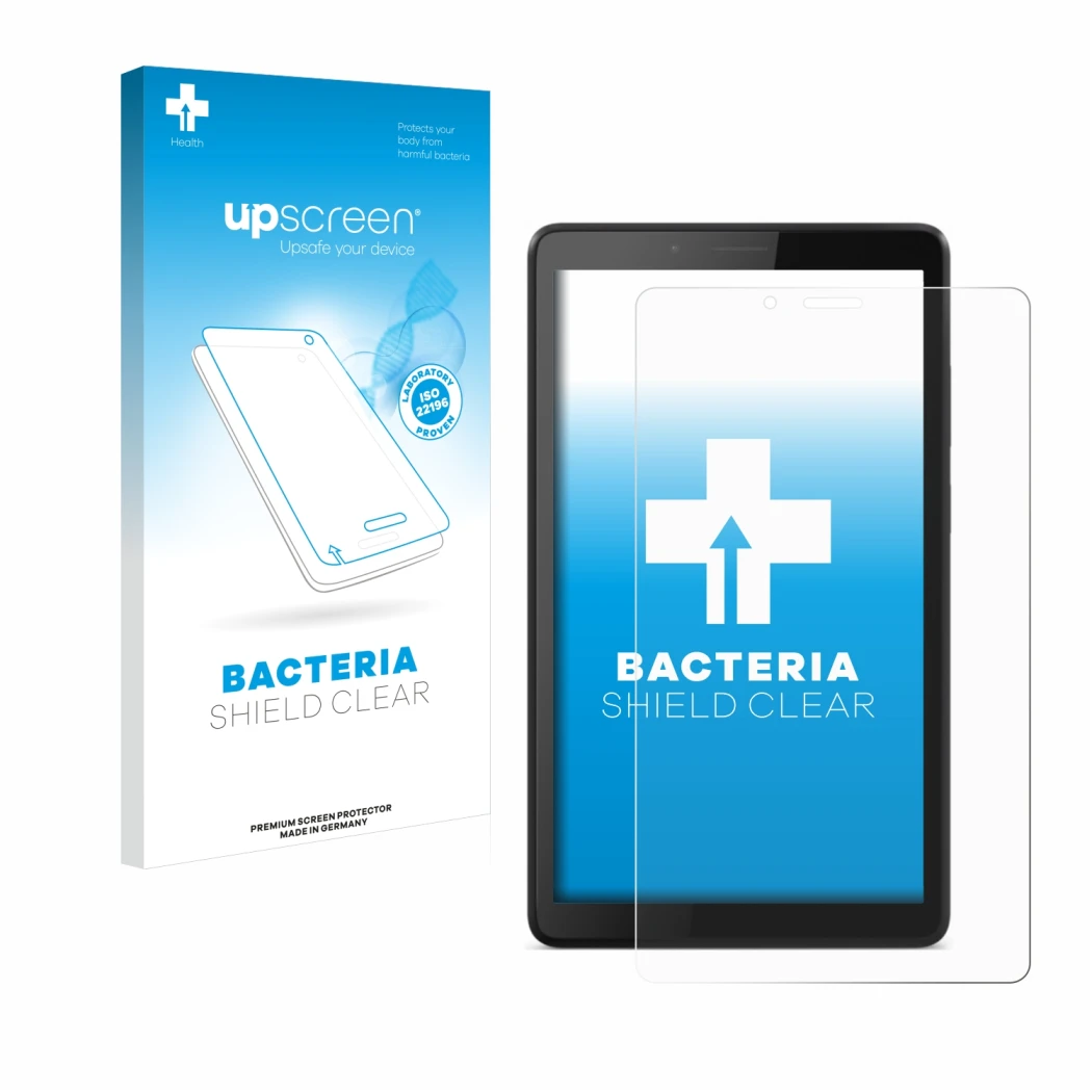 Parte frontale di una confezione del prodotto con il logo del marchio upscreen. Accanto è raffigurato il dispositivo Lenovo Ta