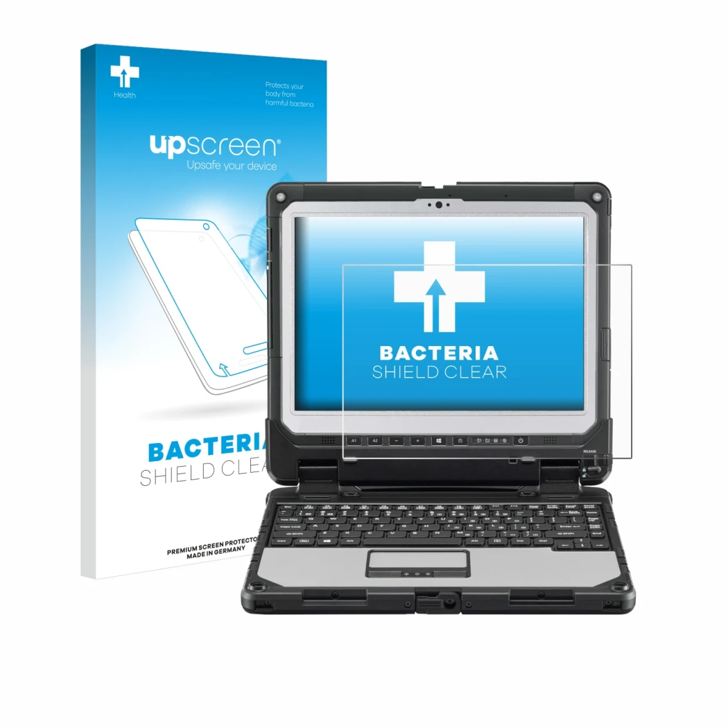 Parte frontale di una confezione del prodotto con il logo del marchio upscreen. Accanto è raffigurato il dispositivo Panasonic