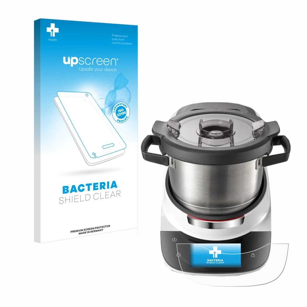 Parte frontale di una confezione del prodotto con il logo del marchio upscreen. Accanto è raffigurato il dispositivo Bosch Coo