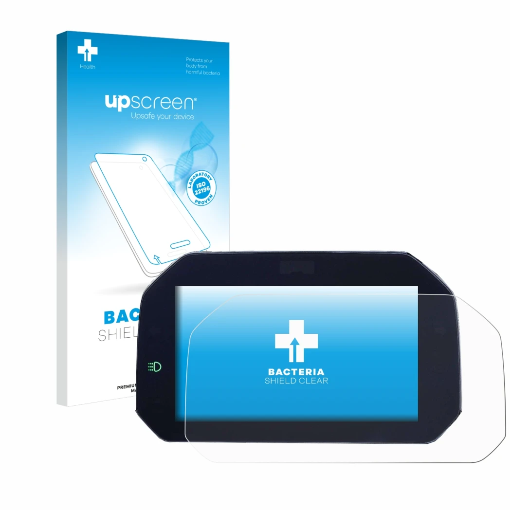 Parte frontale di una confezione del prodotto con il logo del marchio upscreen. Accanto è raffigurato il dispositivo BMW F850G