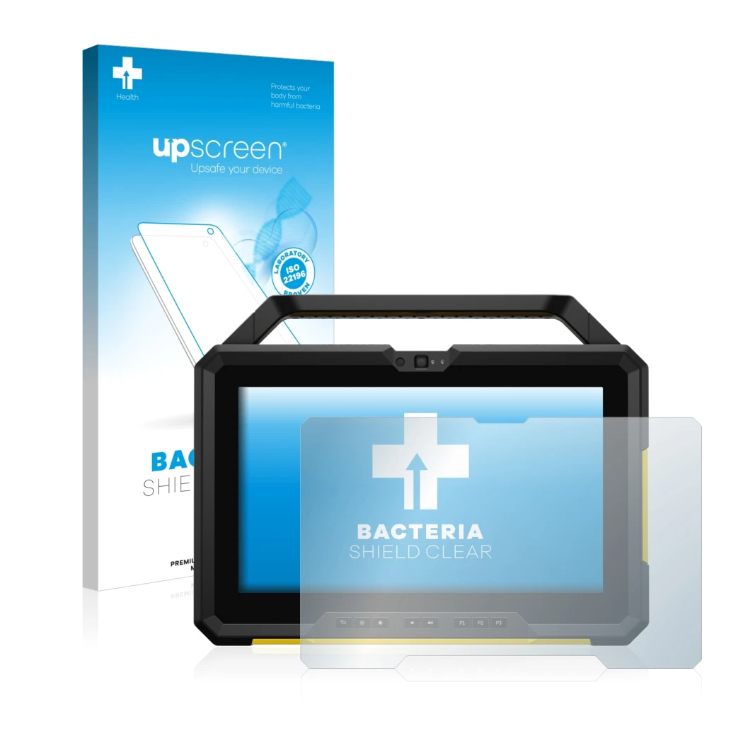 Parte frontale di una confezione del prodotto con il logo del marchio upscreen. Accanto è raffigurato il dispositivo Dell Lati