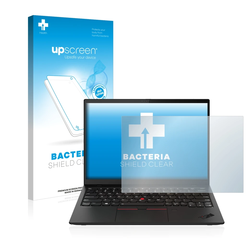 Parte frontale di una confezione del prodotto con il logo del marchio upscreen. Accanto è raffigurato il dispositivo Lenovo Th