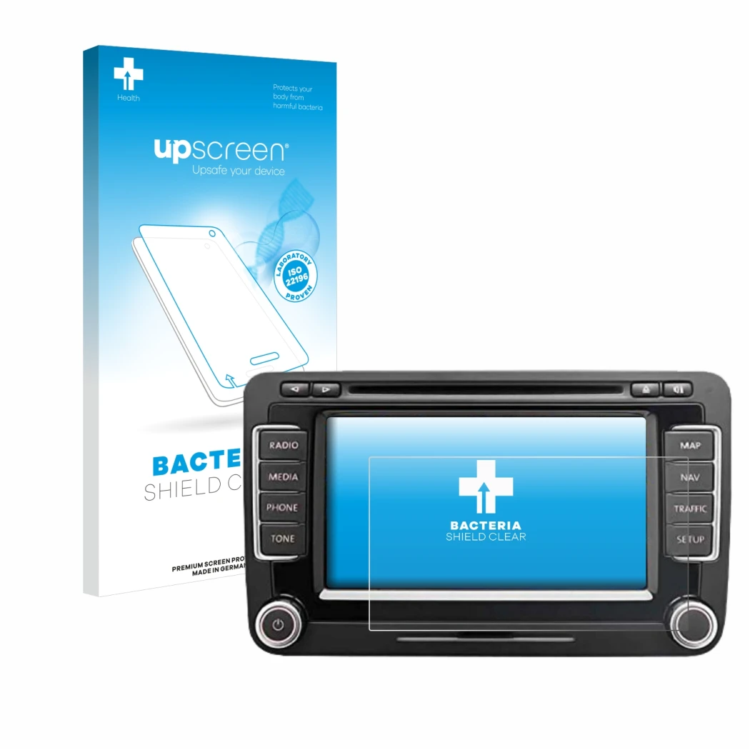 Parte frontale di una confezione del prodotto con il logo del marchio upscreen. Accanto è raffigurato il dispositivo Volkswage