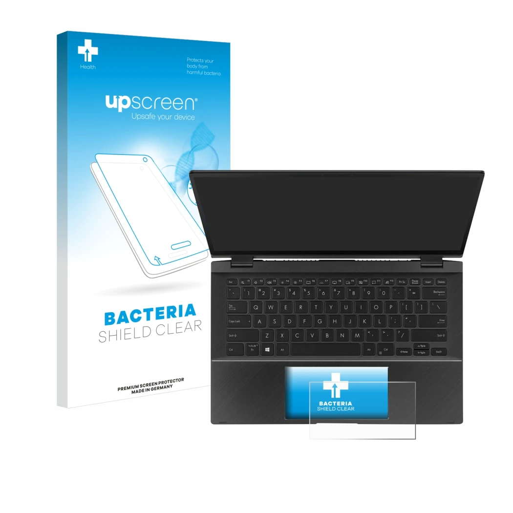 Parte frontale di una confezione del prodotto con il logo del marchio upscreen. Accanto è raffigurato il dispositivo ASUS ZenB