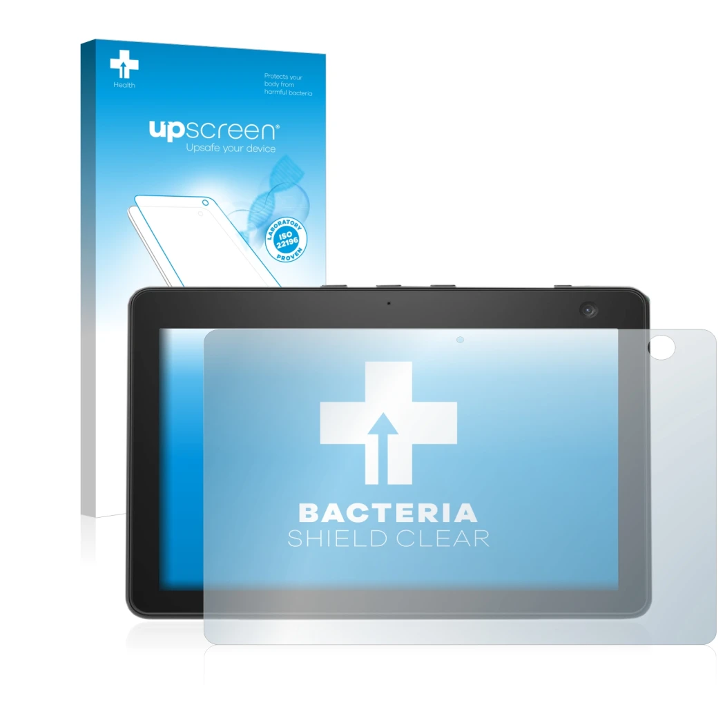 Parte frontale di una confezione del prodotto con il logo del marchio upscreen. Accanto è raffigurato il dispositivo Amazon Ec