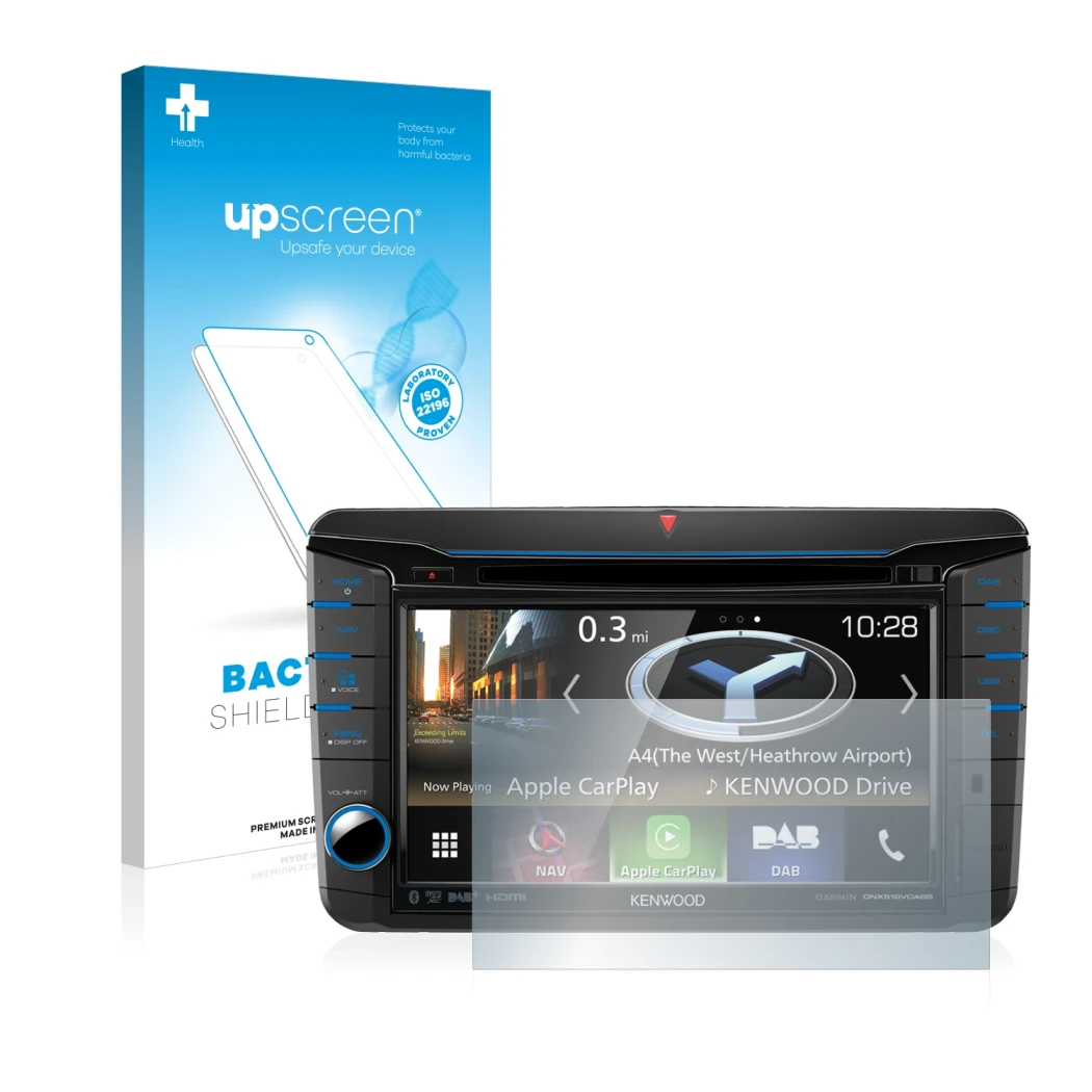 Parte frontale di una confezione del prodotto con il logo del marchio upscreen. Accanto è raffigurato il dispositivo Kenwood D