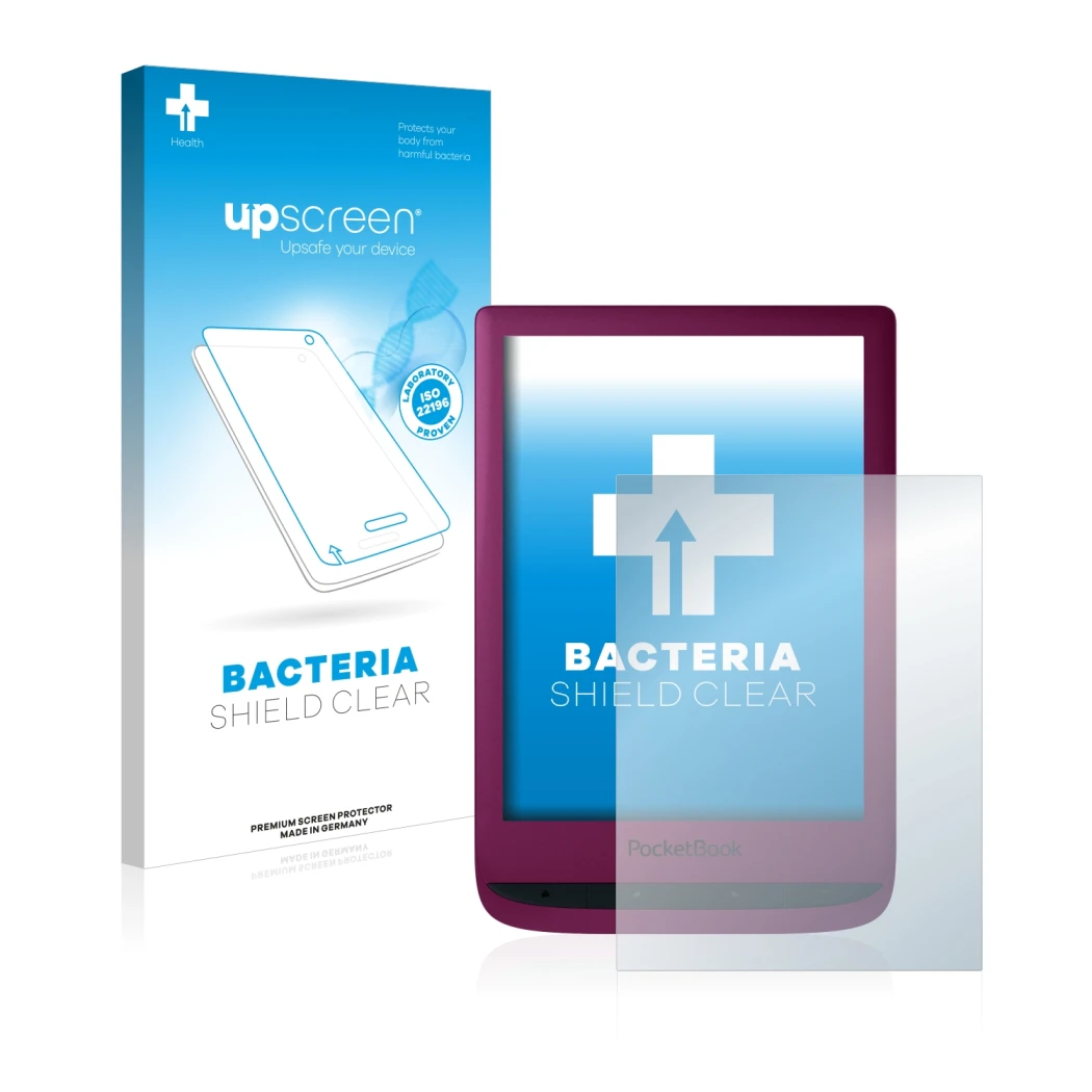 Parte frontale di una confezione del prodotto con il logo del marchio upscreen. Accanto è raffigurato il dispositivo PocketBoo