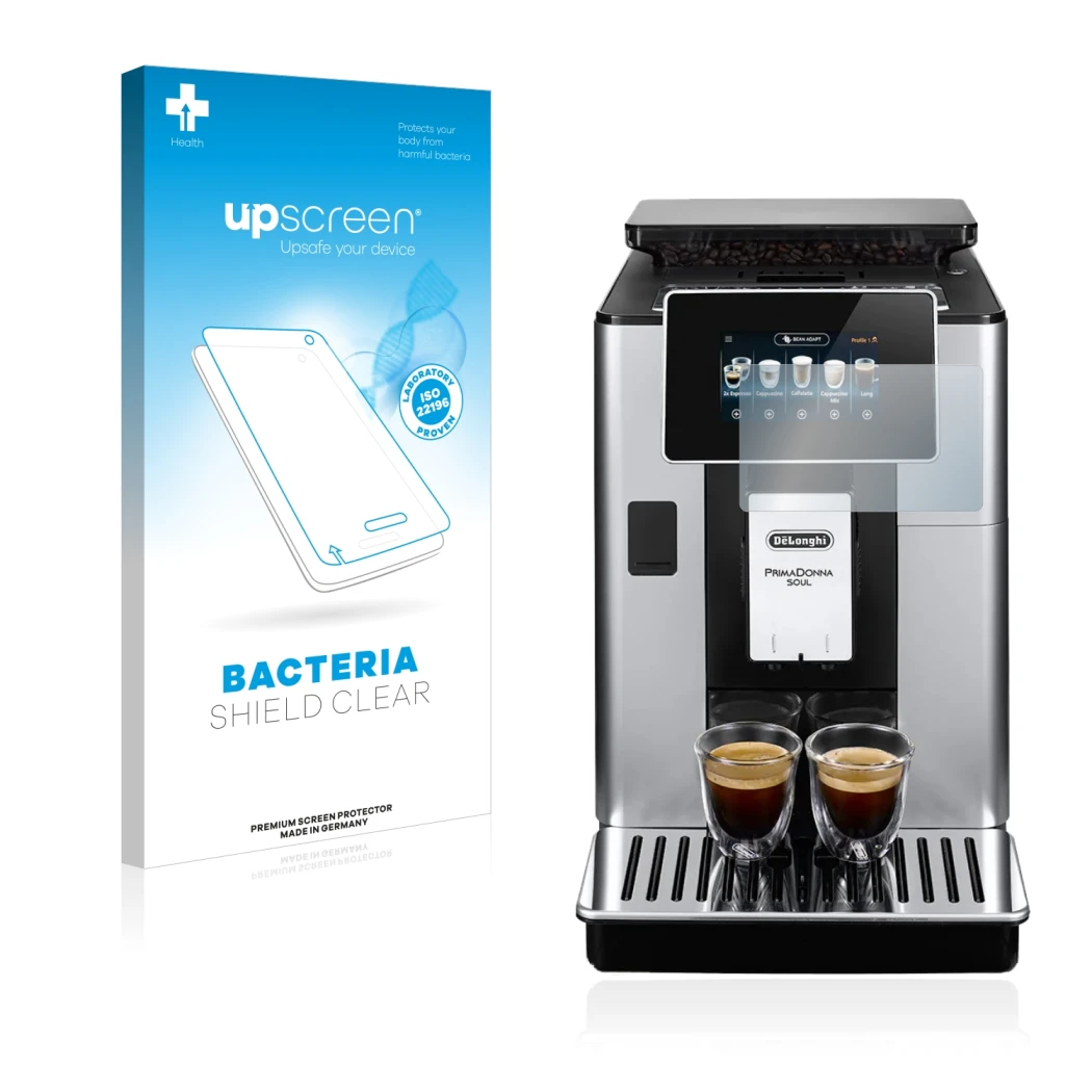 Parte frontale di una confezione del prodotto con il logo del marchio upscreen. Accanto è raffigurato il dispositivo DeLonghi 