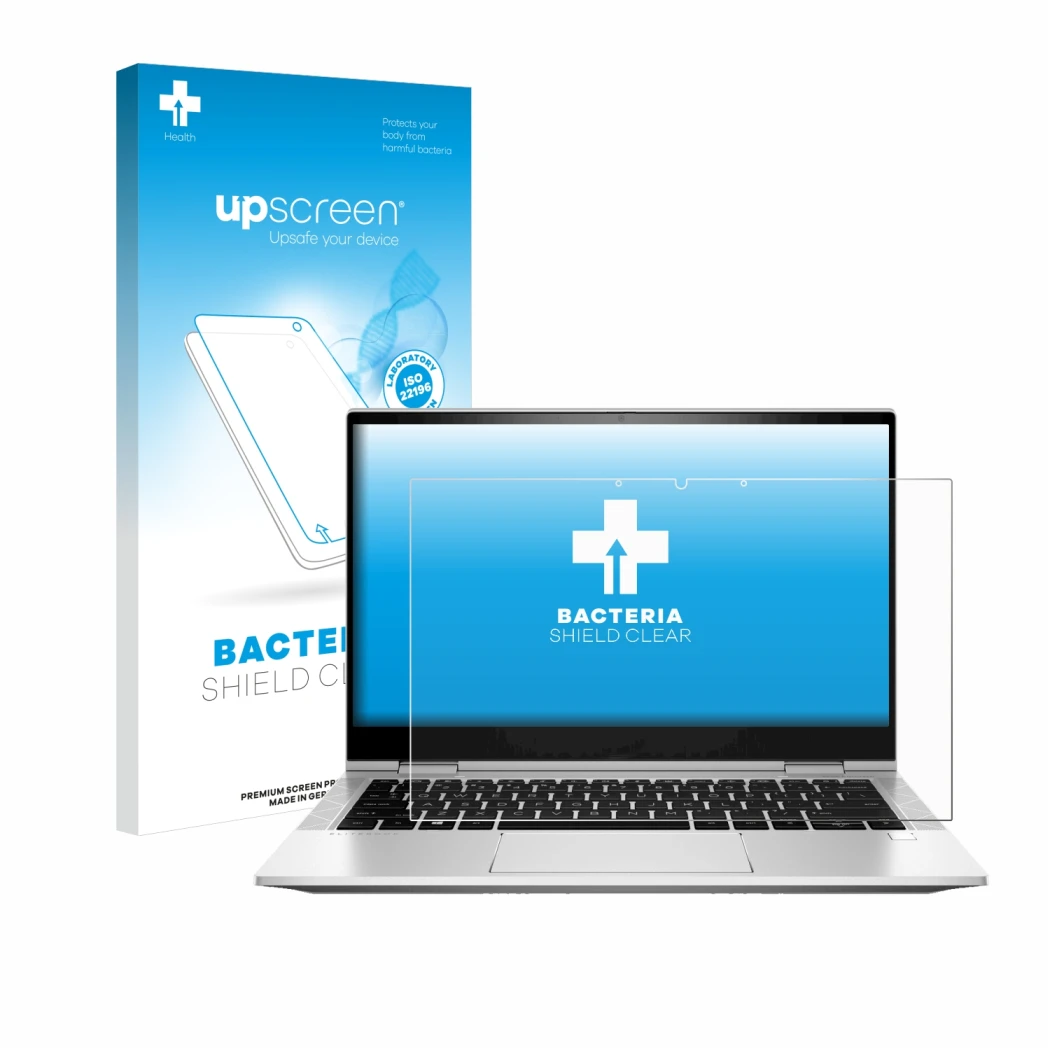 Parte frontale di una confezione del prodotto con il logo del marchio upscreen. Accanto è raffigurato il dispositivo HP EliteB