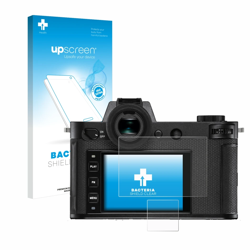 Parte frontale di una confezione del prodotto con il logo del marchio upscreen. Accanto è raffigurato il dispositivo Leica SL2