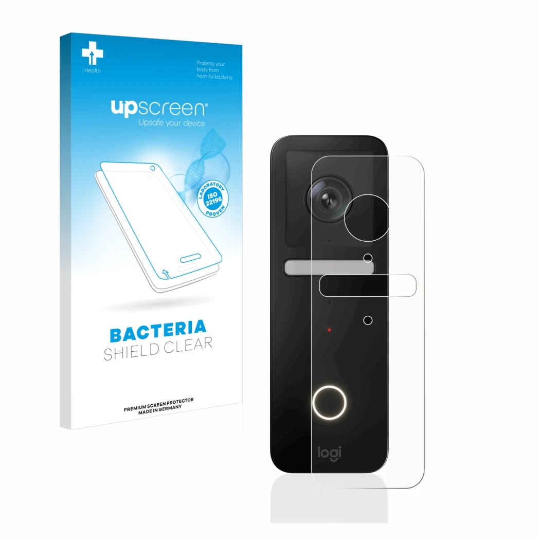 Parte frontale di una confezione del prodotto con il logo del marchio upscreen. Accanto è raffigurato il dispositivo Logitech 