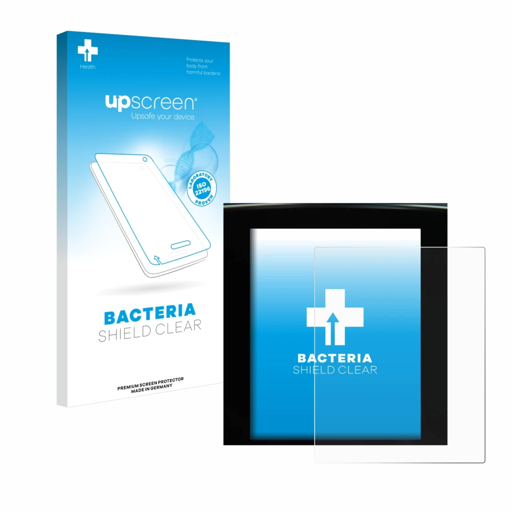 Parte frontale di una confezione del prodotto con il logo del marchio upscreen. Accanto è raffigurato il dispositivo Renault M