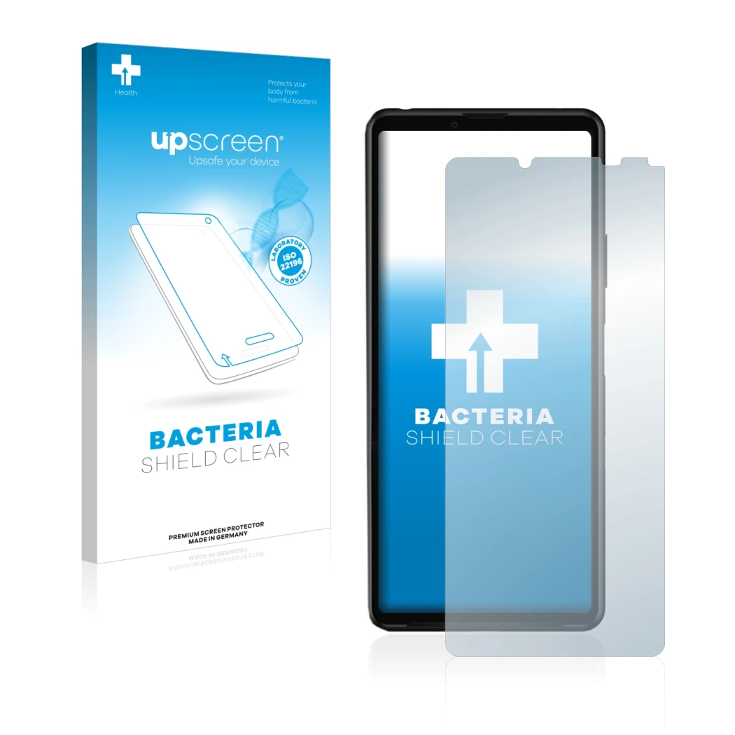 Parte frontale di una confezione del prodotto con il logo del marchio upscreen. Accanto è raffigurato il dispositivo Sony Xper