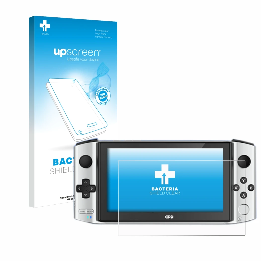 Parte frontale di una confezione del prodotto con il logo del marchio upscreen. Accanto è raffigurato il dispositivo GPD Win 3