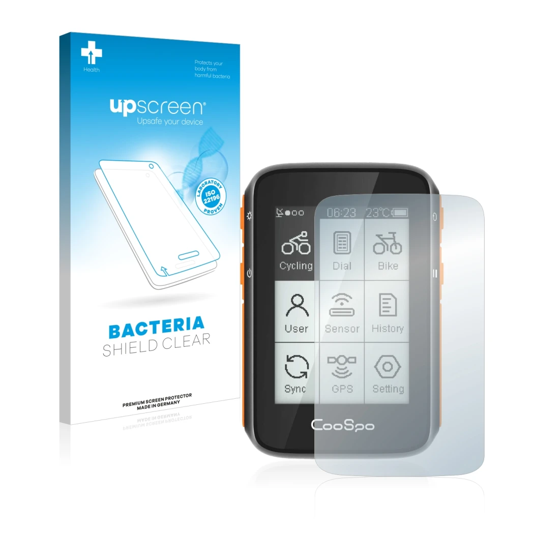 Parte frontale di una confezione del prodotto con il logo del marchio upscreen. Accanto è raffigurato il dispositivo CooSpo BC