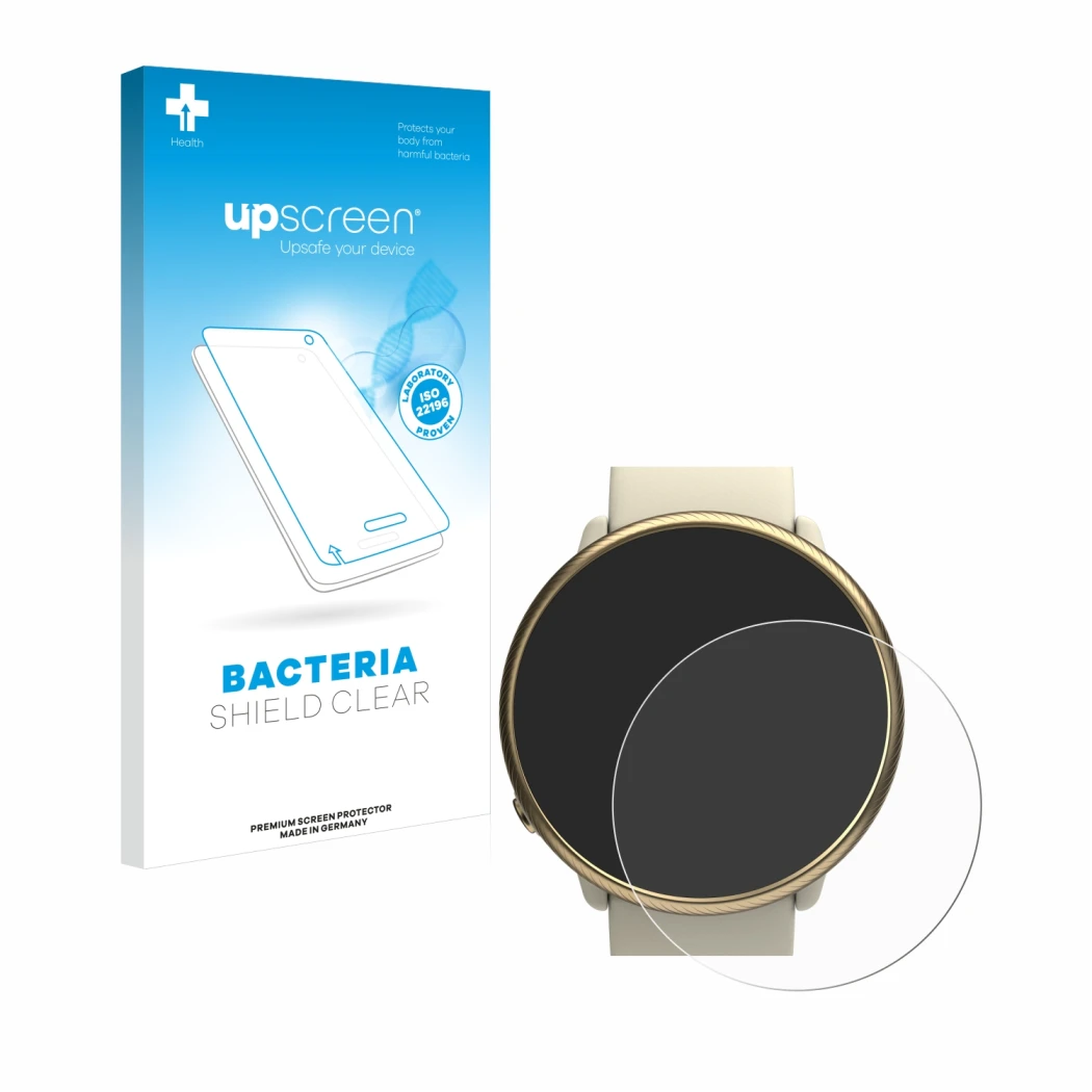 Parte frontale di una confezione del prodotto con il logo del marchio upscreen. Accanto è raffigurato il dispositivo Polar Ign