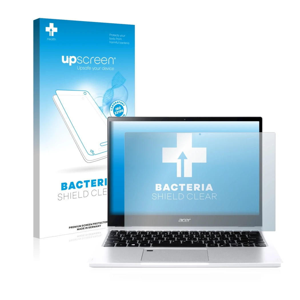 Parte frontale di una confezione del prodotto con il logo del marchio upscreen. Accanto è raffigurato il dispositivo Acer Spin