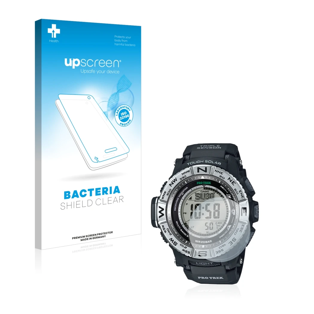 Parte frontale di una confezione del prodotto con il logo del marchio upscreen. Accanto è raffigurato il dispositivo Casio Pro