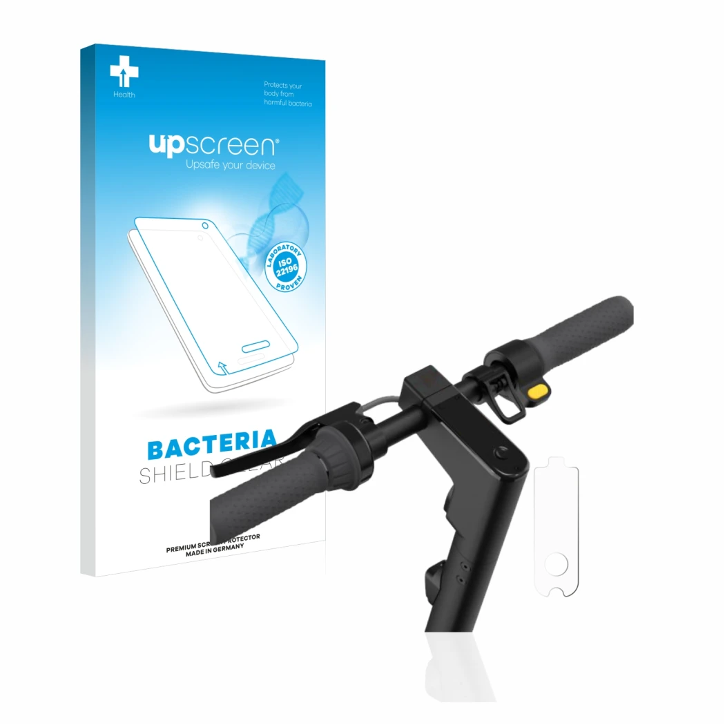 Parte frontale di una confezione del prodotto con il logo del marchio upscreen. Accanto è raffigurato il dispositivo Segway Ni