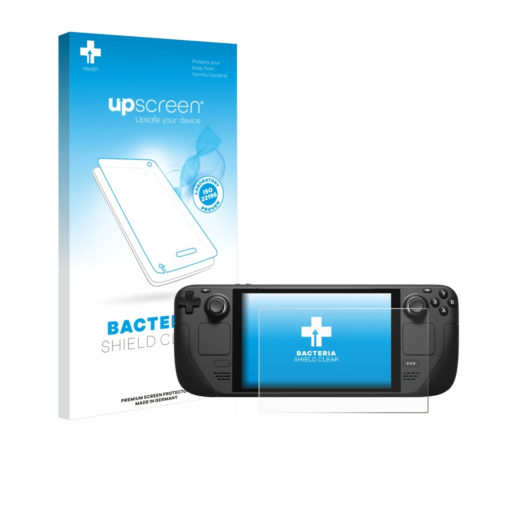 Parte frontale di una confezione del prodotto con il logo del marchio upscreen. Accanto è raffigurato il dispositivo Valve Ste