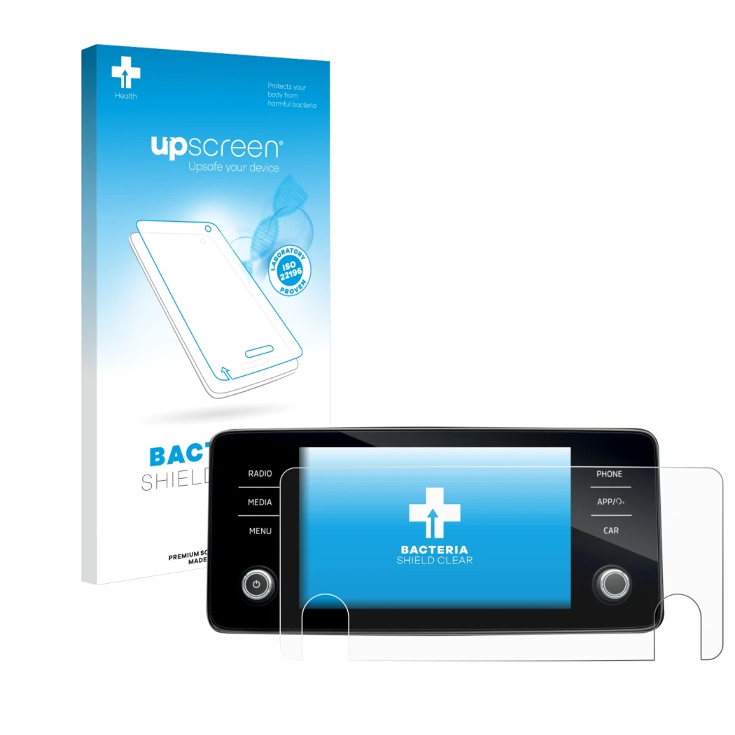 Parte frontale di una confezione del prodotto con il logo del marchio upscreen. Accanto è raffigurato il dispositivo Skoda Bol