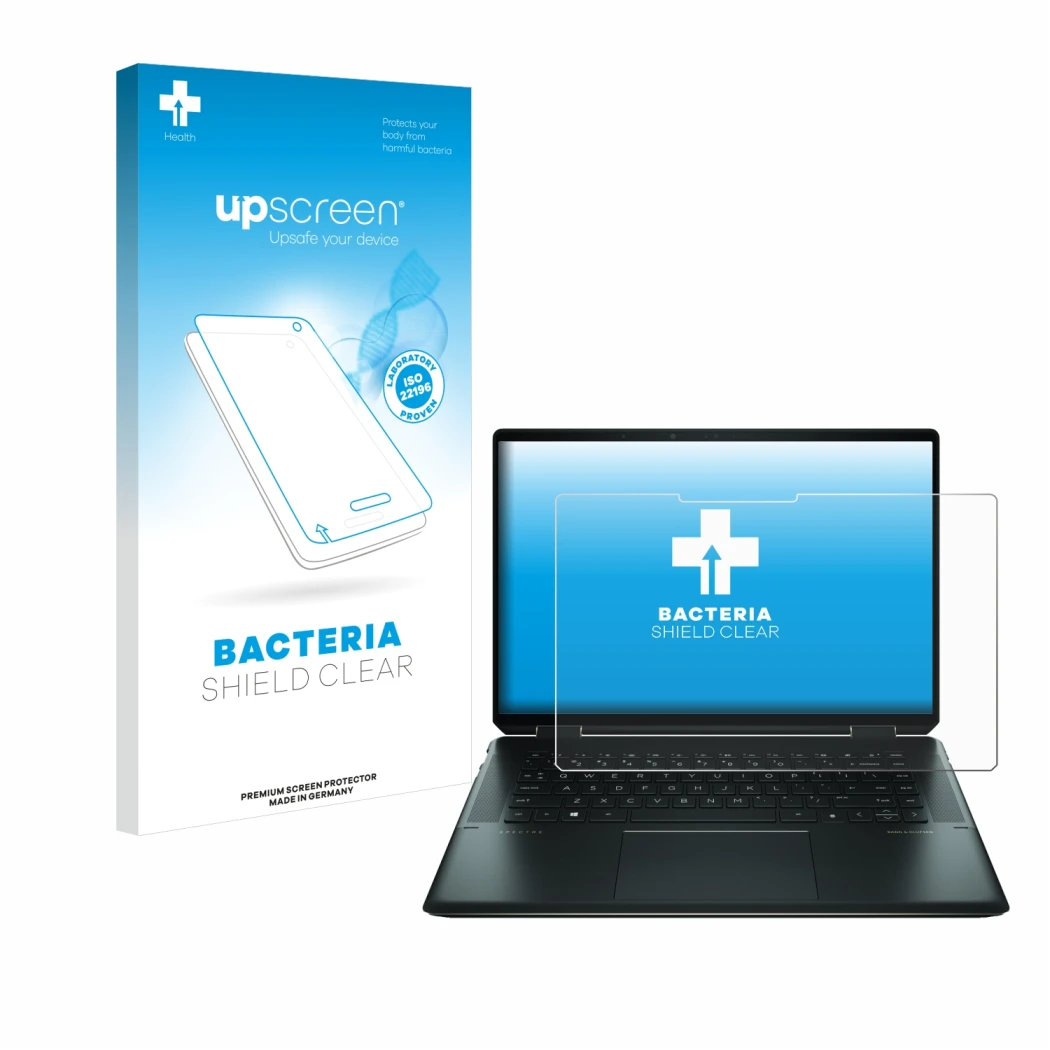 Parte frontale di una confezione del prodotto con il logo del marchio upscreen. Accanto è raffigurato il dispositivo HP Spectr