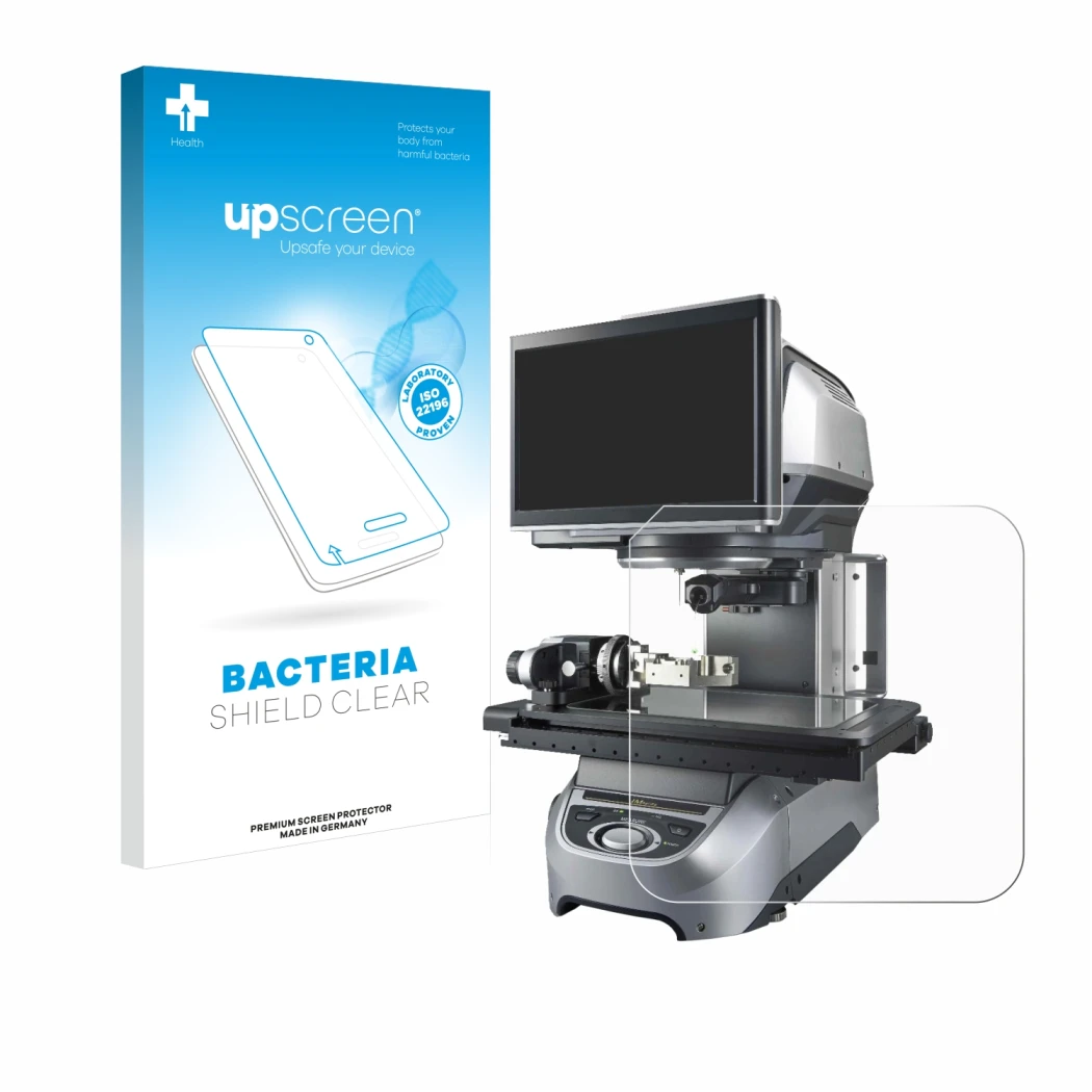 Parte frontale di una confezione del prodotto con il logo del marchio upscreen. Accanto è raffigurato il dispositivo Keyence I